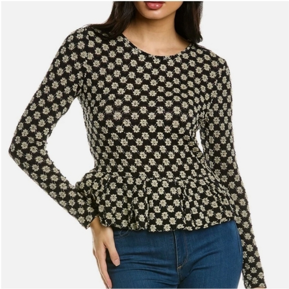 Rebecca Taylor Lace Peplum Top Small Black Long Sleeve Floral Coquette Boho